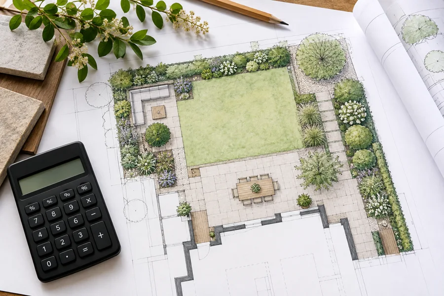 Gartenplan mit Taschenrechner für die erste Kostenschätzung